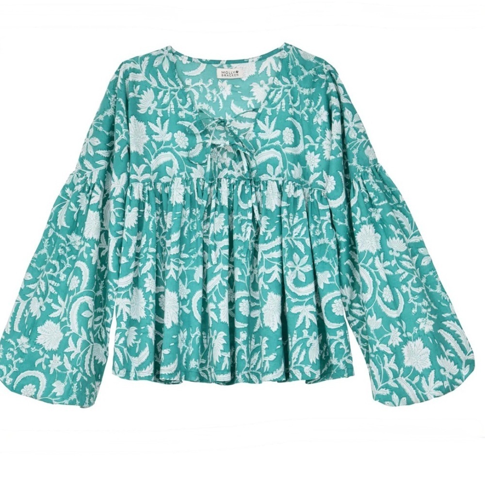 🌻 Molly Bracken Turquoise Balloon Sleeved Babydoll Blouse size XS